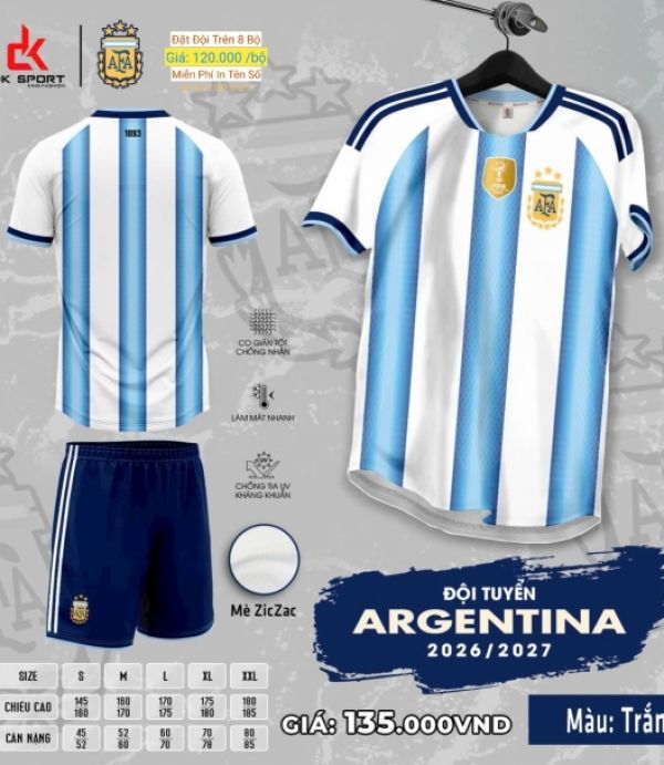 ÁO ĐÁ BANH DK - ARGENTINA XANH TRẮNG