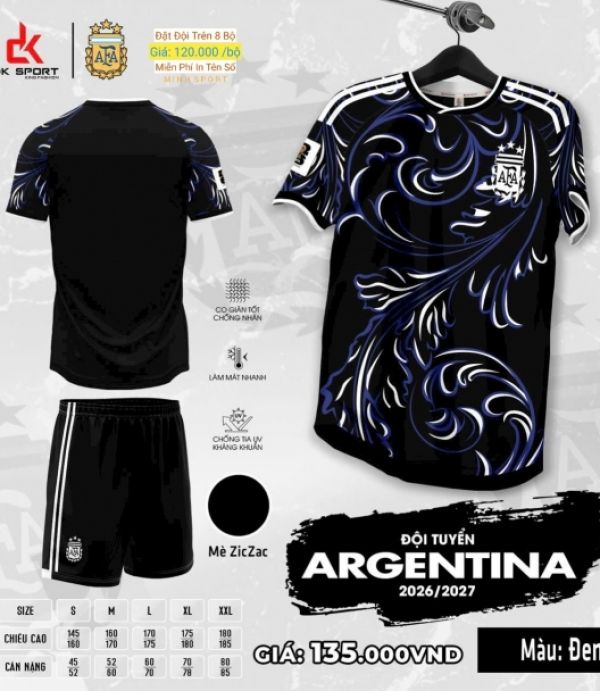 ÁO ĐÁ BANH DK - ARGENTINA ĐEN