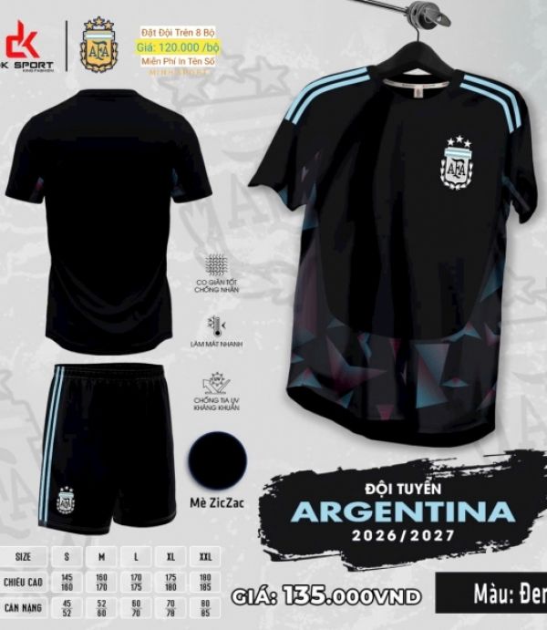 ÁO ĐÁ BANH DK - ARGENTINA ĐEN